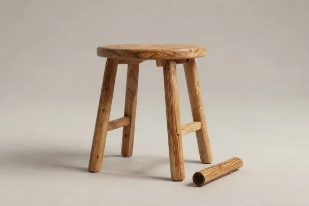 Taburete de madera de cuatro patas junto a una pieza de madera suelta.