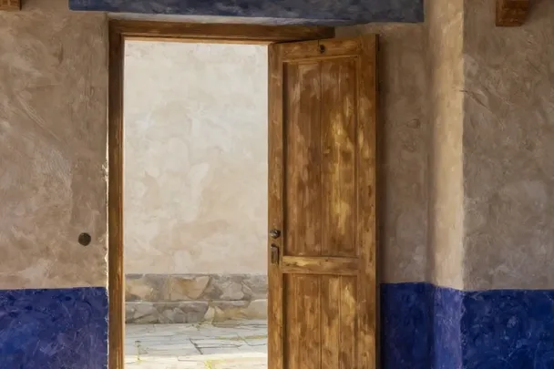Puerta antigua abierta hacia un patio renovado y luminoso.