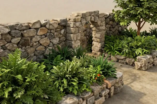 Jardín terminado con senderos cuidados y un pabellón de piedra.