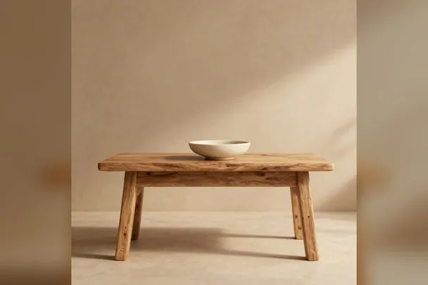 Mesa de roble con un cuenco sencillo bajo la luz del sol.