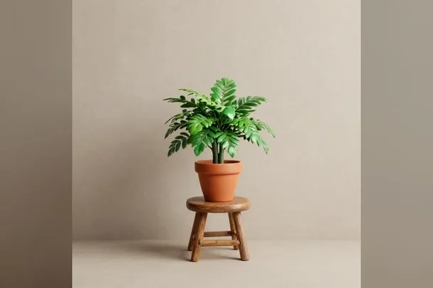 Taburete de madera usado como soporte para una maceta de terracota.