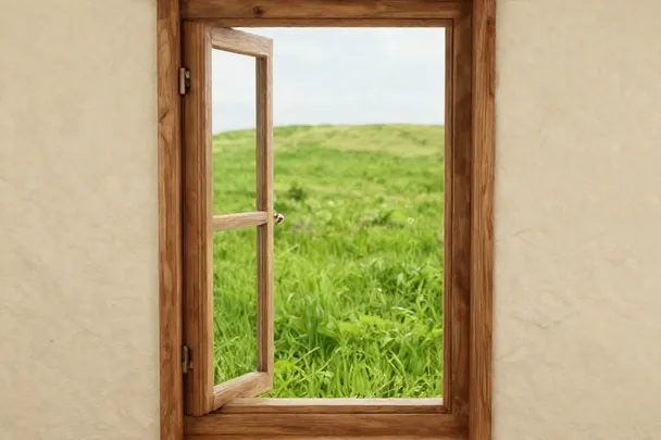Ventana abierta en una pared interior que deja ver una pradera.