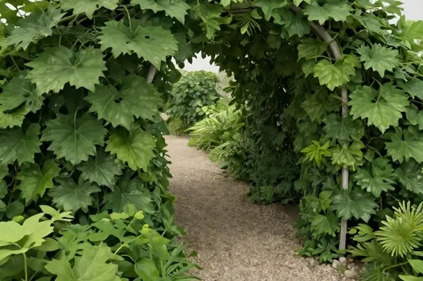 Sendero despejado que atraviesa un arco de vegetación verde.