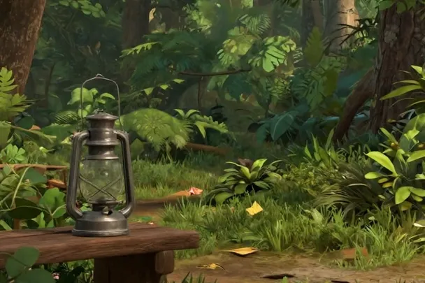 Farol sencillo apagado en un banco de madera junto a un sendero tranquilo.