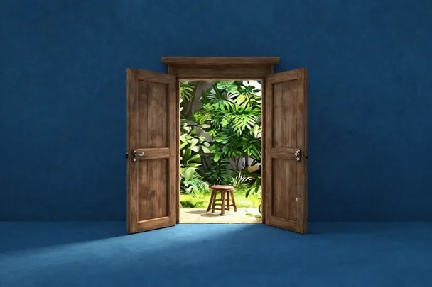 Puerta de una sala tranquila abierta hacia un jardín luminoso.
