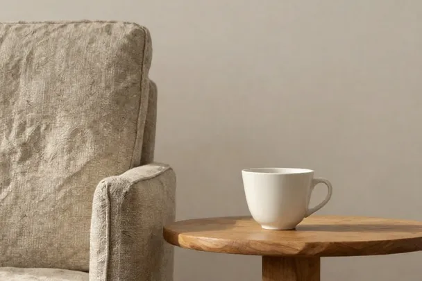 Taza de té en un rincón de descanso vacío.