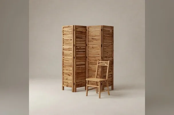Biombo de madera plegado junto a una silla.