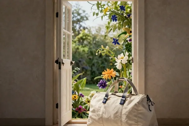 Bolsa de viaje sencilla descansa junto a una puerta abierta hacia un jardín