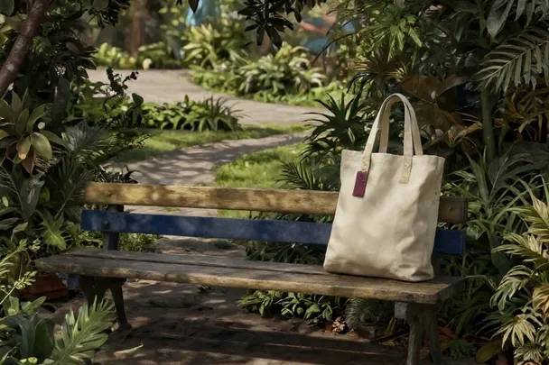 Bolsa de viaje descansa sobre un banco en un jardín silencioso