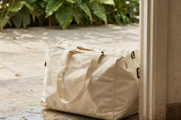 Bolsa de viaje de lona junto a una puerta soleada.