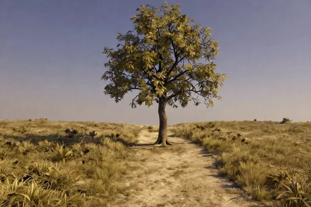 Árbol joven de tronco firme crece al inicio de un camino abierto