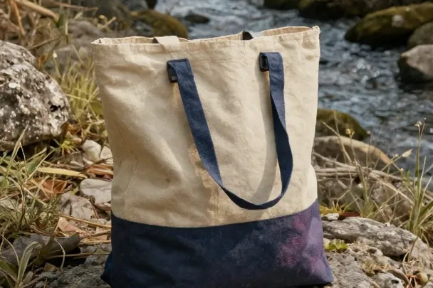 Mochila ligera reposa en un camino llano junto a un arroyo