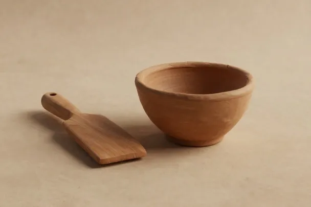 Cuenco de barro y espátula de madera en una mesa.