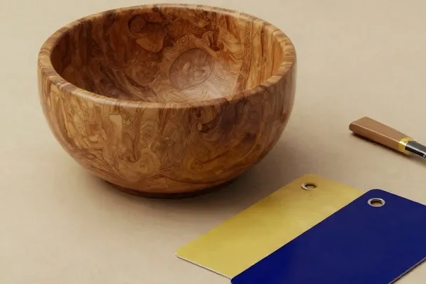 Herramienta de talla reposa junto a un cuenco de madera acabado