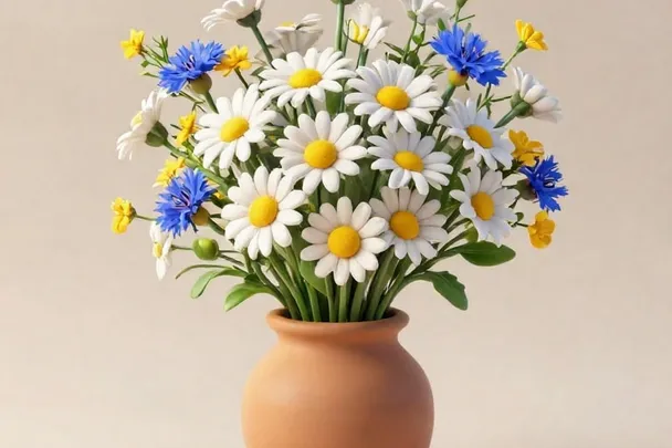 Flores frescas y una vasija recién modelada en un taller.