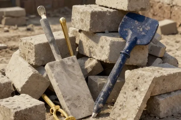 Herramientas de albañilería descansan junto a ladrillos limpios en una base nueva