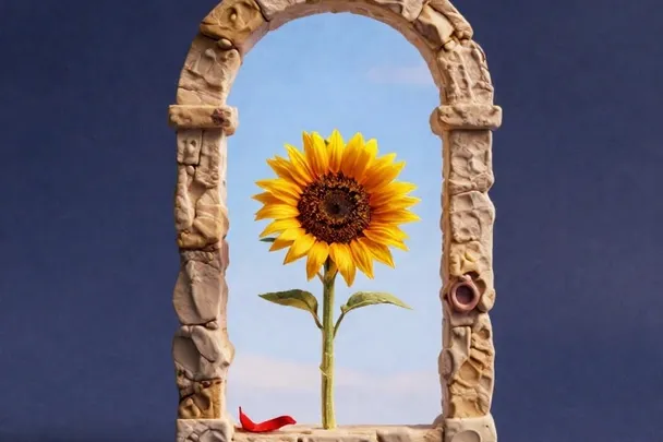 Girasol iluminado ante un arco de piedra abierto al cielo