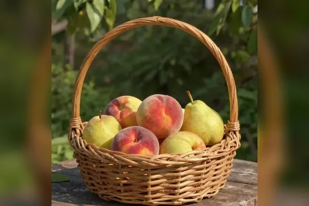 Cesta de fruta madura al sol en una mesa de jardín.