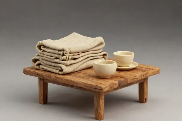 Tazas de cerámica junto a una manta doblada sobre una mesa.
