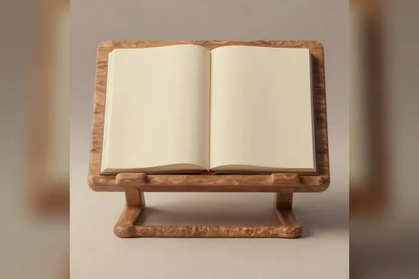 Atril de madera con un libro abierto de páginas en blanco.