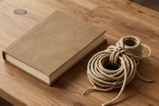 Cordón aflojado junto a un libro cerrado de tapas lisas.