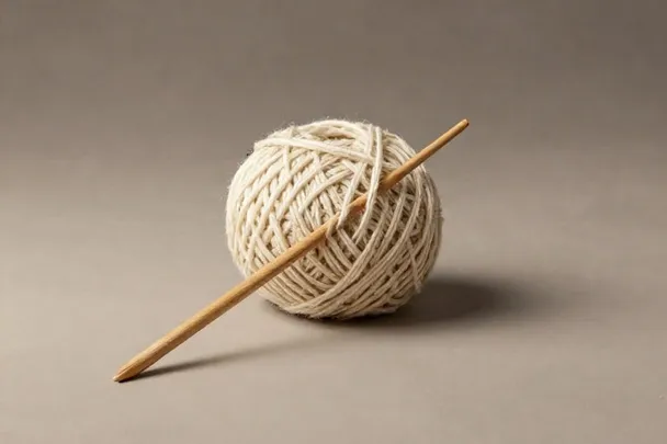 Ovillo de hilo junto a una aguja de madera.
