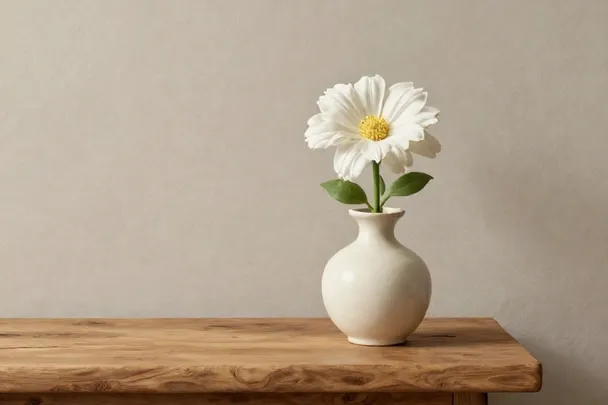 Flor blanca en un jarrón sencillo sobre un banco de lectura.