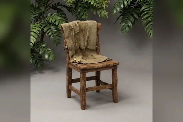 Silla de madera antigua con una manta tejida sobre el respaldo.