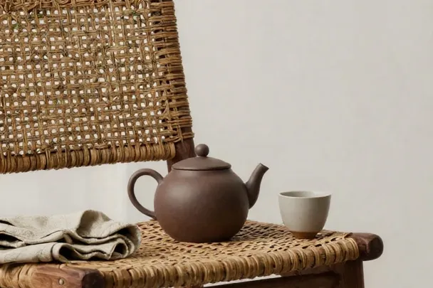 Tetera de barro sobre un asiento trenzado con una taza al lado.