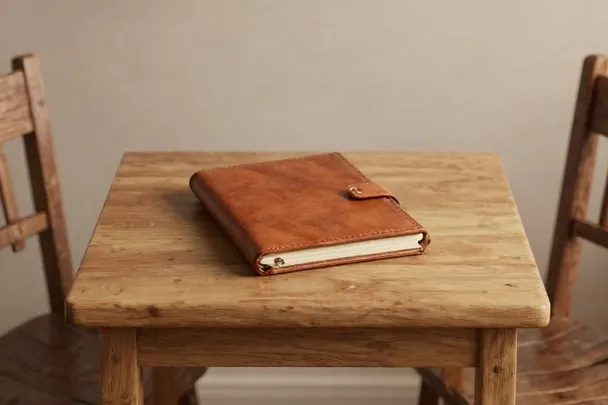 Cuaderno cerrado junto a sillas de una sala tranquila.
