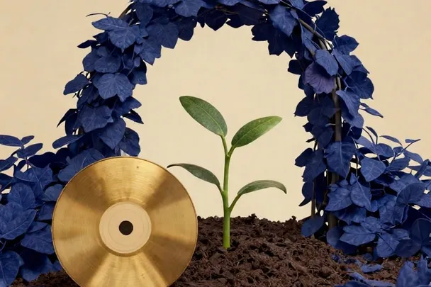 A plain gold disc rests beside a small seedling and a garden path.