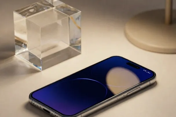 A camera lens rests beside a closed laptop and a translucent glass cube.