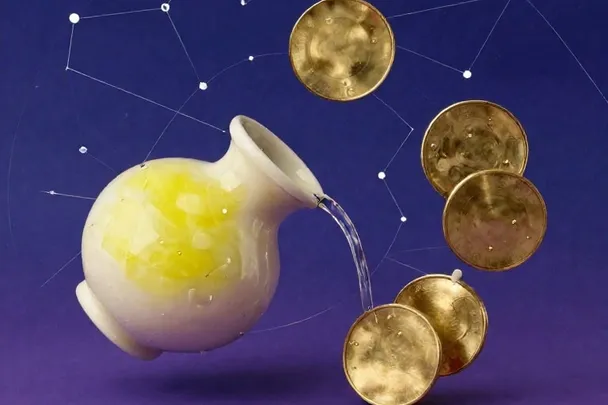 Ceramic water vessel, brass tokens and an airy constellation motif in an Aquarius-inspired still life