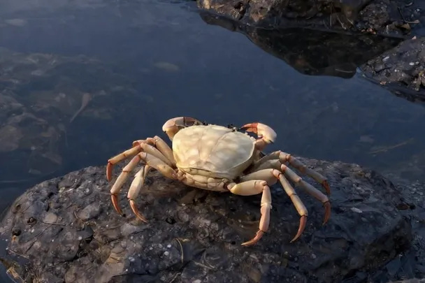A small crab rests beside a tide pool under soft moonlight.