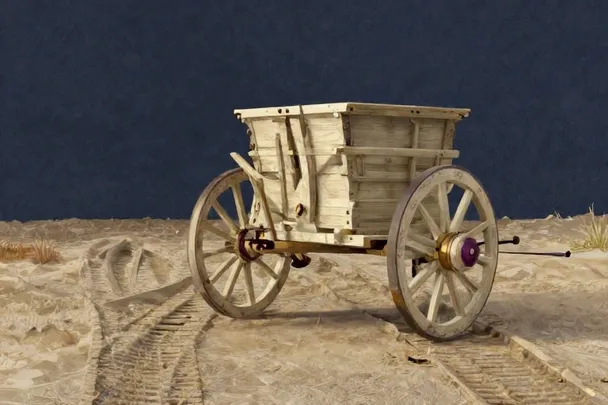 An empty chariot rests on a straight path with paired tracks ahead.