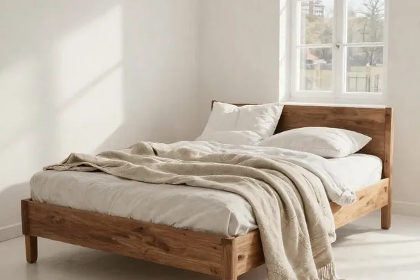 Cama de día ordenada con manta doblada en una habitación tranquila