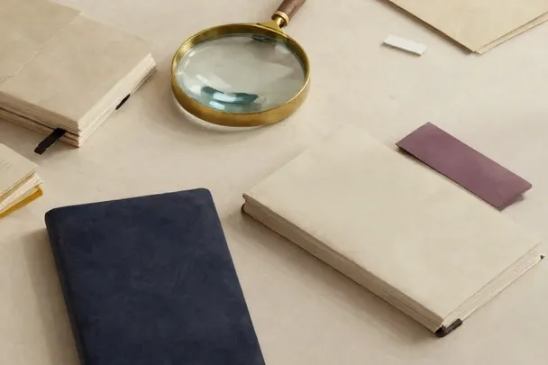 A magnifying glass rests beside closed notebooks and blank paper tabs on a study desk.