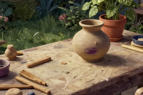 A clay vessel, craft materials and a growing plant share a sunlit workbench.