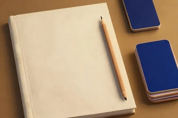 A closed blank notebook beside a face-down indigo deck on a tidy desk
