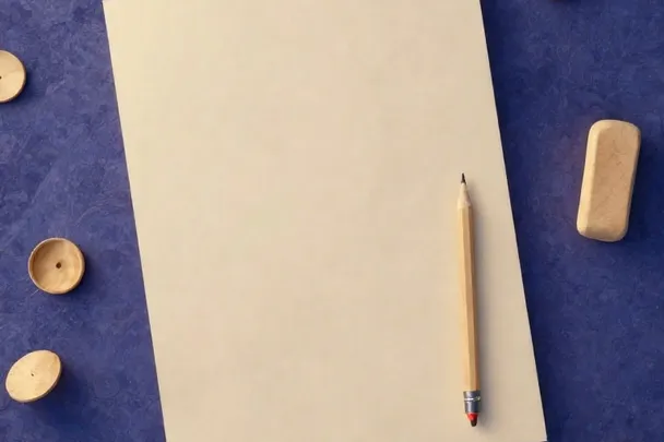 Blank drawing paper, a plain pencil and an eraser lie beside smooth wooden discs.