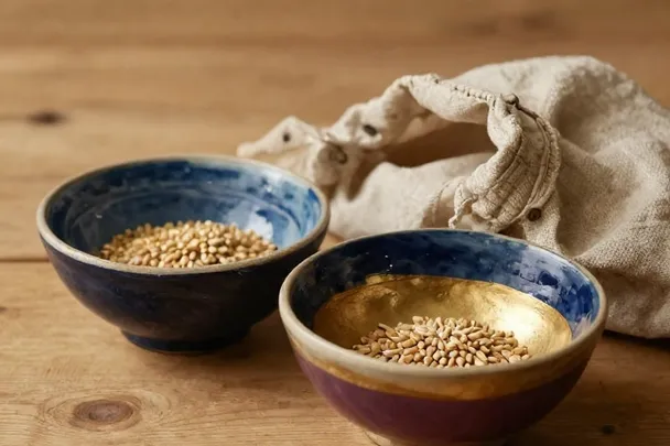 Two simple bowls of grain rest beside a shared linen sack.