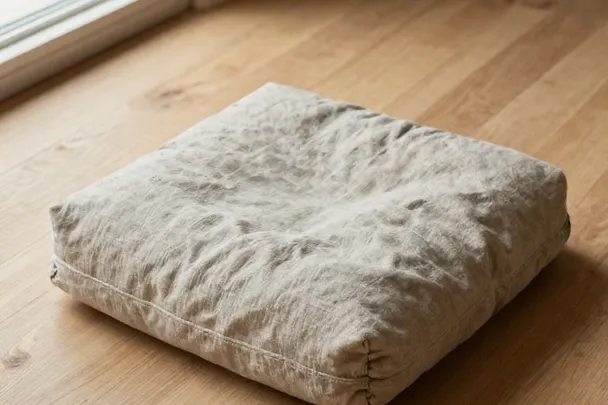 A folded meditation cushion rests near clear water flowing around smooth stones.