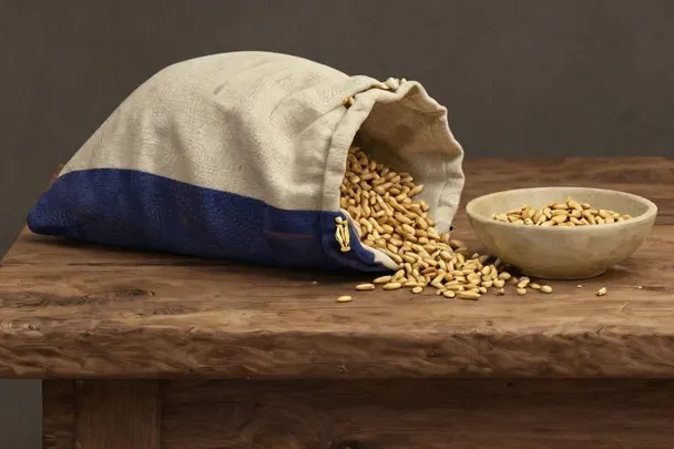 An open linen pouch lies beside an almost empty grain bowl.