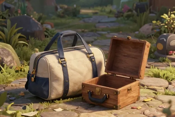 A small plain travel bag rests beside an empty open wooden box.