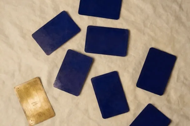 Face-down indigo cards arranged for a reflective reading on plain cloth
