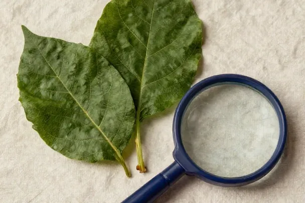 Fine branching veins are visible on a broad leaf beside a magnifying lens.