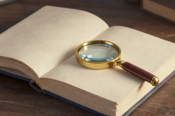 Closed archival books sit beside a magnifying glass and blank paper tabs.