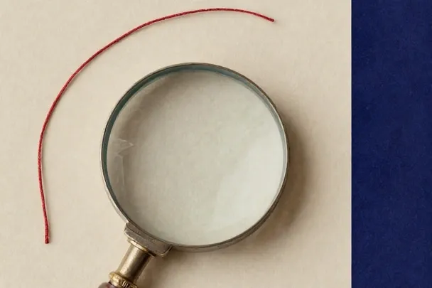 A short muted-red thread rests beside a plain lens on a quiet study desk.