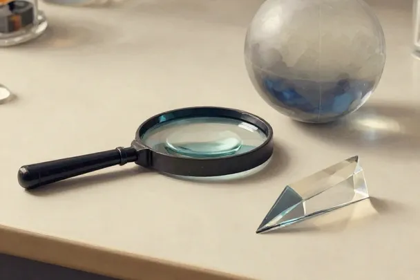 A magnifying glass rests beside frosted and clear glass objects.