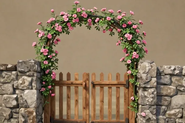 A sturdy open oak gate stands between low stone walls in a quiet garden.
